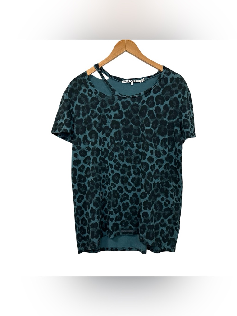 PAM & GELA Twisted Cut Out Distressed leopard print t-shirt Sz Small Blue Black